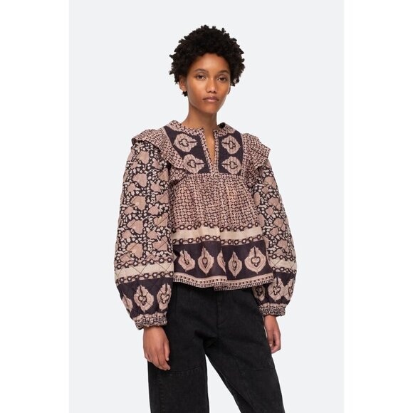 💕SEA NEW YORK💕 Margo Quilted Top ~ 100% Cotton Purple Border Print Large NWOT - Picture 1 of 11